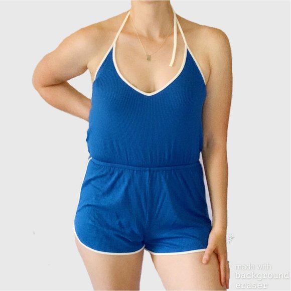 NWOT Forever 21 Retro Romper Halter Blue Size M - Picture 1 of 5